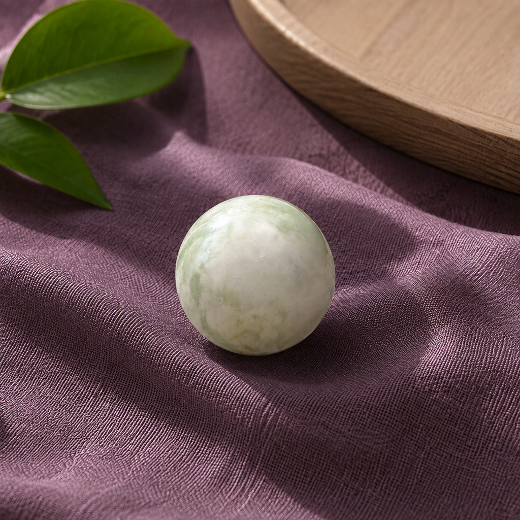 Sphère en jade de Chine près d’une feuille verte
