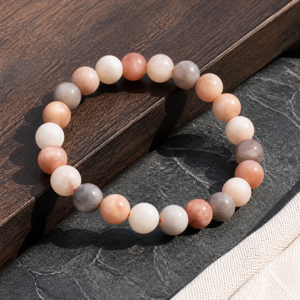 Bracelet en pierre de lune multicolore 10 mm - 16 à 18 cm, présentation sur une surface sombre contrastée