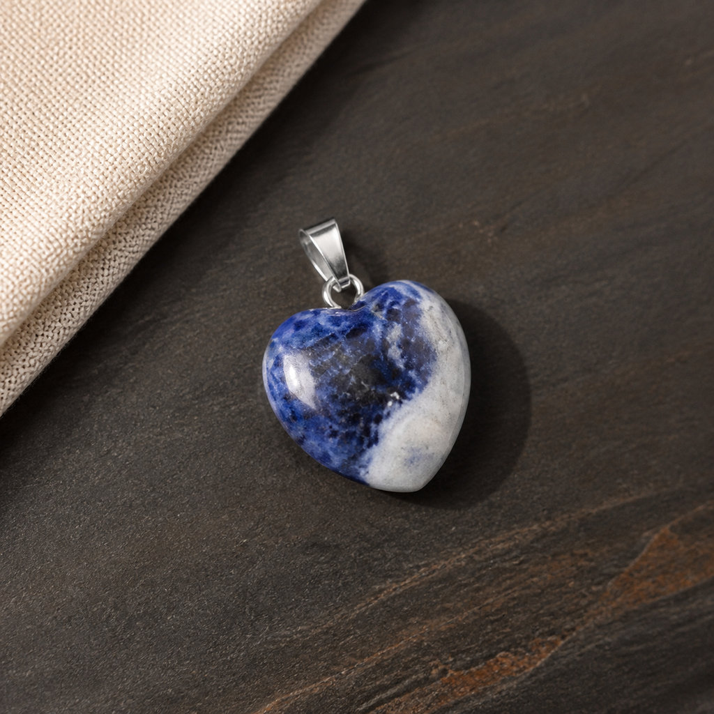 Pendentif cœur en sodalite sur bois sombre et textile ivoire