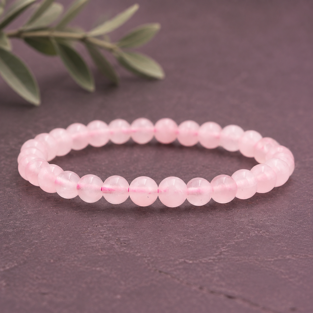 Bracelet en quartz rose sur pierre prune près d’une branche verte