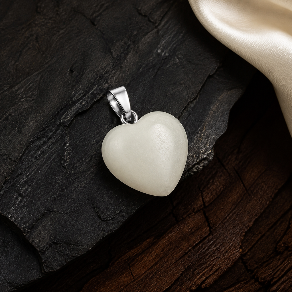 Pendentif cœur en jade de Chine 15 mm, présentation sur une surface sombre contrastée