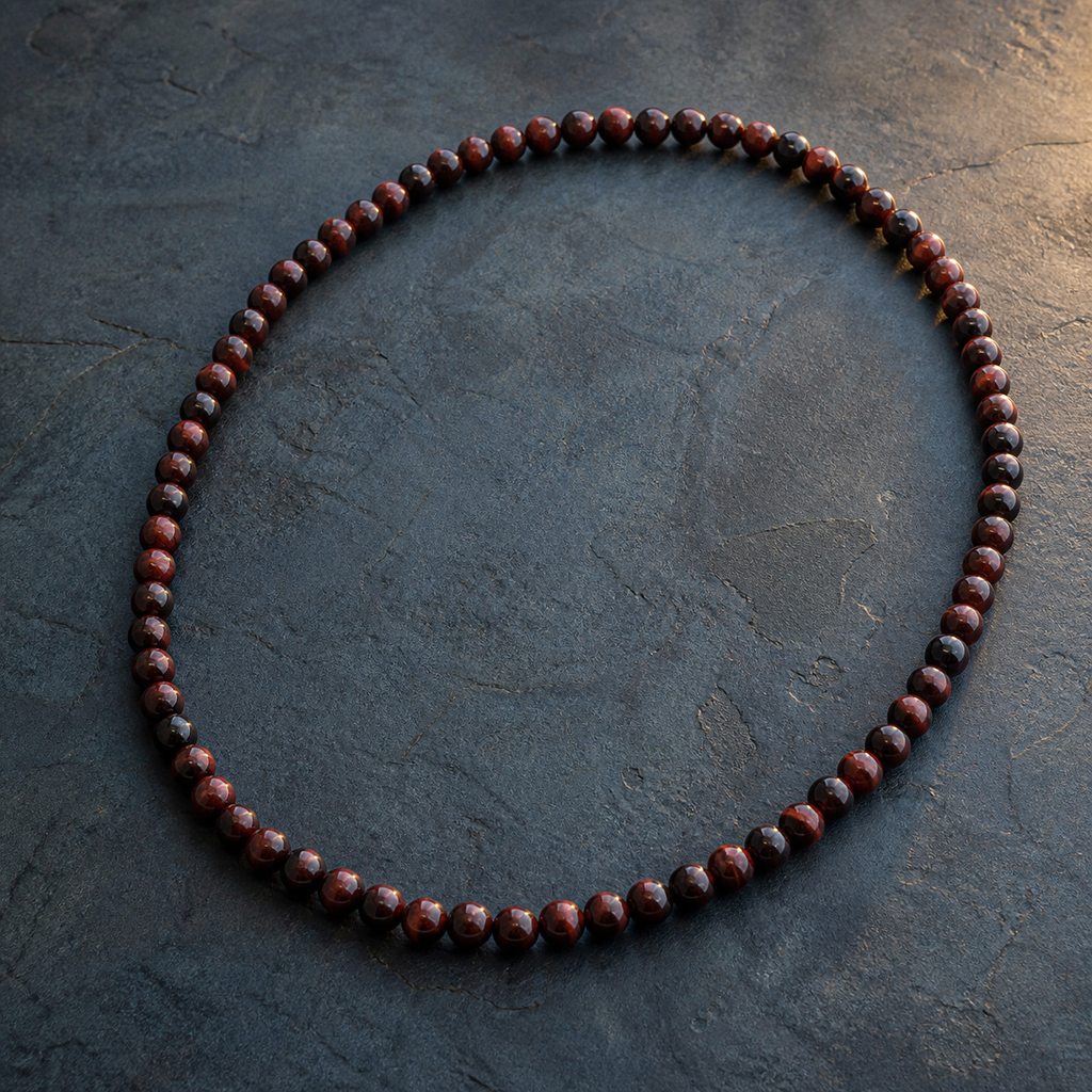Collier en œil de taureau 6 mm - 45 cm, présentation sur une surface sombre contrastée