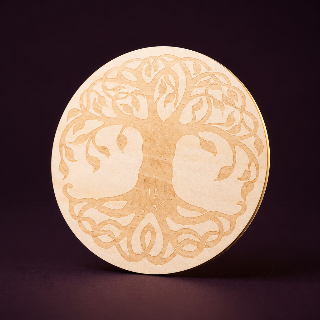 Plaque Arbre de Vie en bois de tilleul - 10 cm, présentation sur une surface sombre contrastée