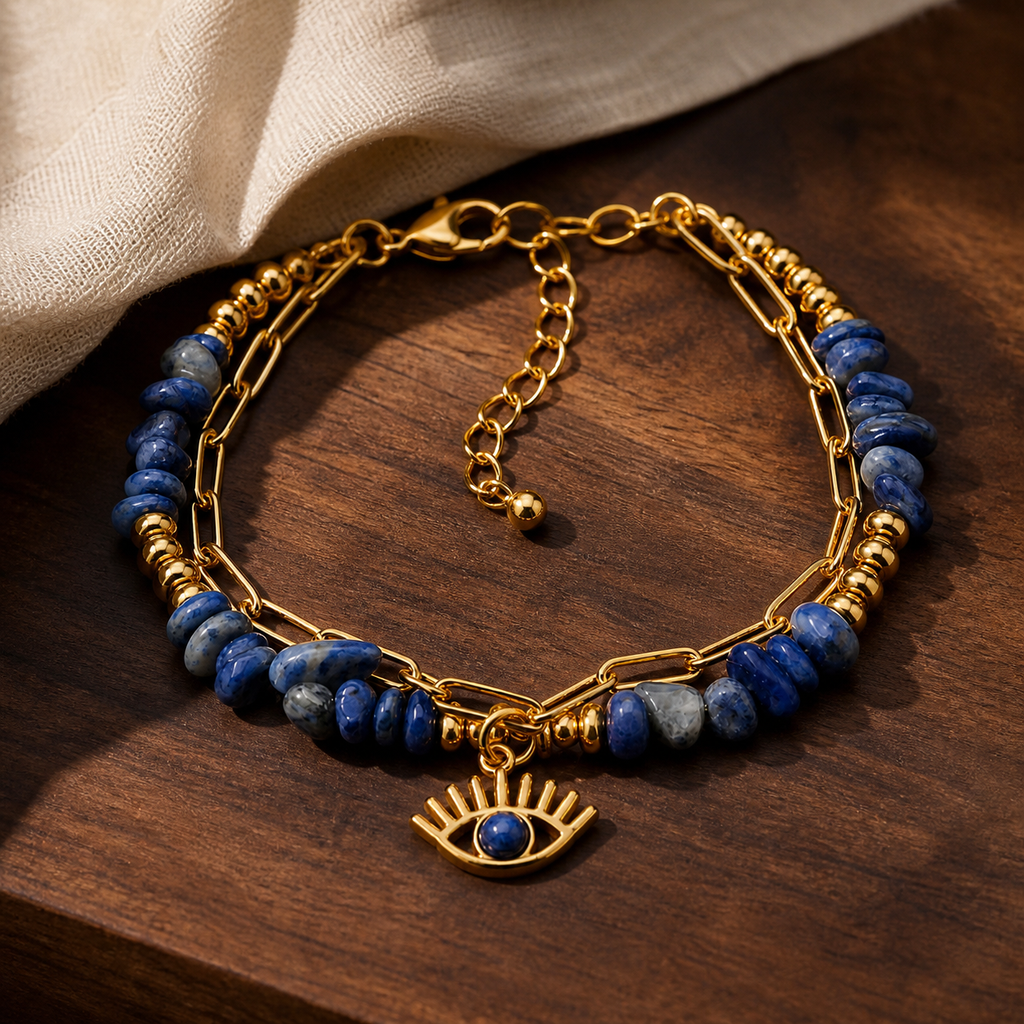 Bracelet Horus doré en sodalite 6 mm, présentation sur une surface sombre contrastée