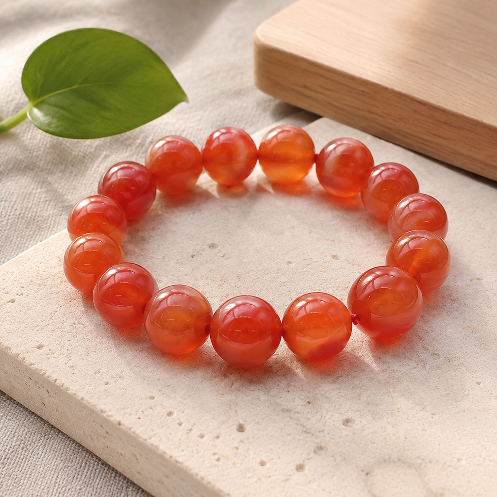 Bracelet en cornaline sur un support contrasté avec un élément végétal