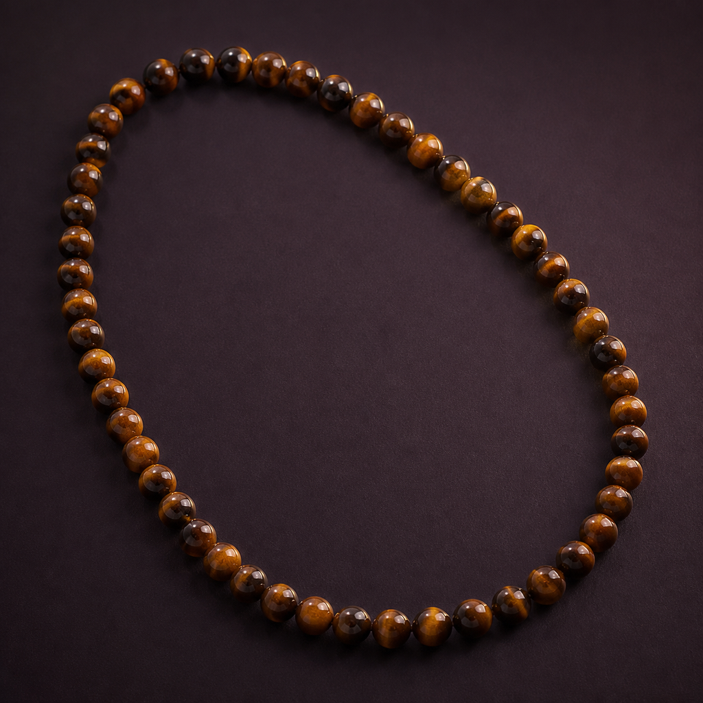 Collier en œil de tigre 6 mm - 45 cm, présentation sur une surface sombre contrastée
