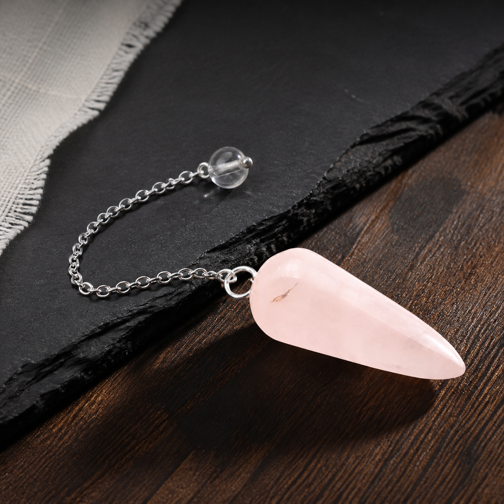Pendule conique en quartz rose du Brésil, présentation sur fond sombre