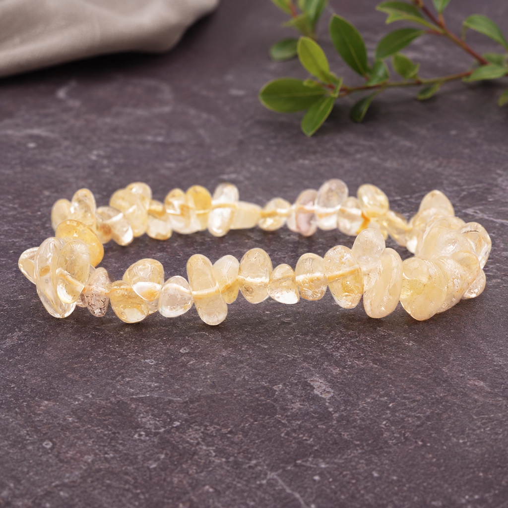 Bracelet baroque en citrine chauffée sur pierre prune avec une branche verte