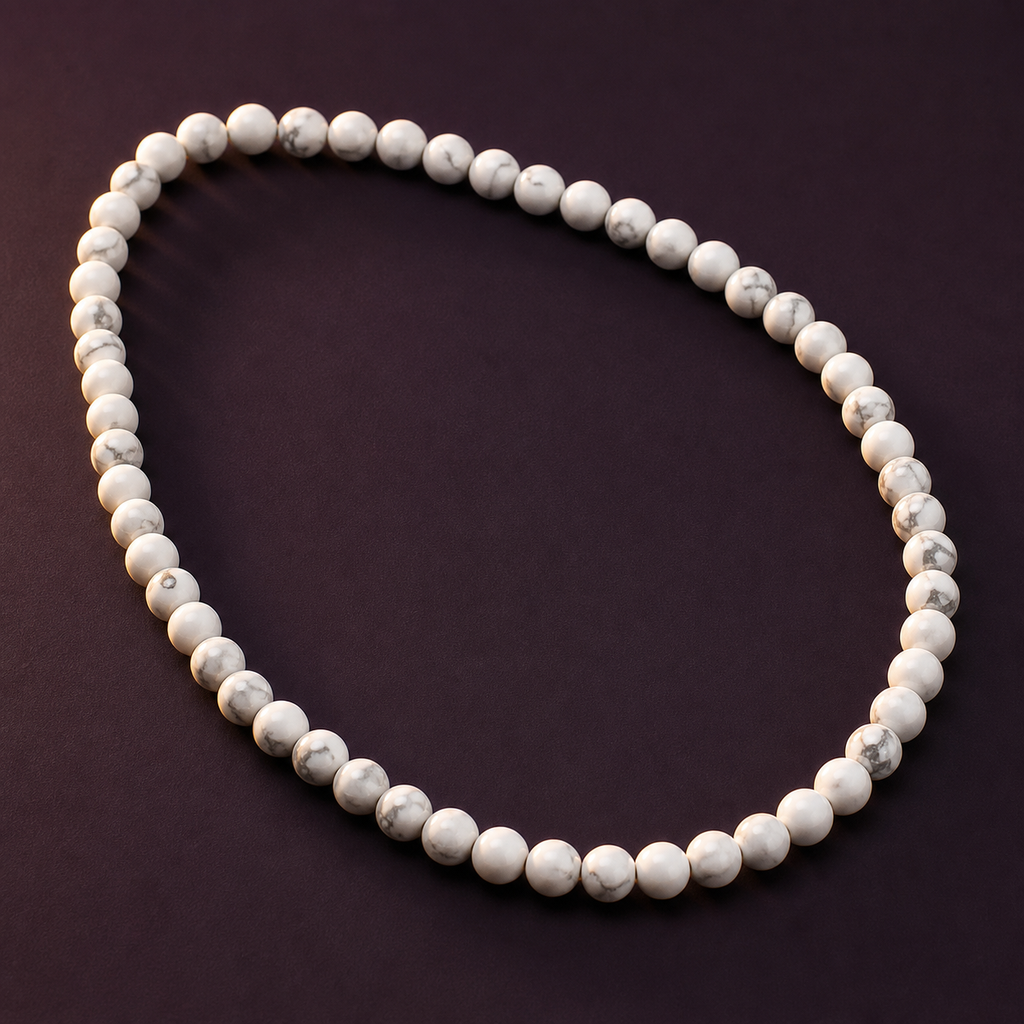 Collier en howlite blanche 6 mm - 45 cm, présentation sur une surface sombre contrastée
