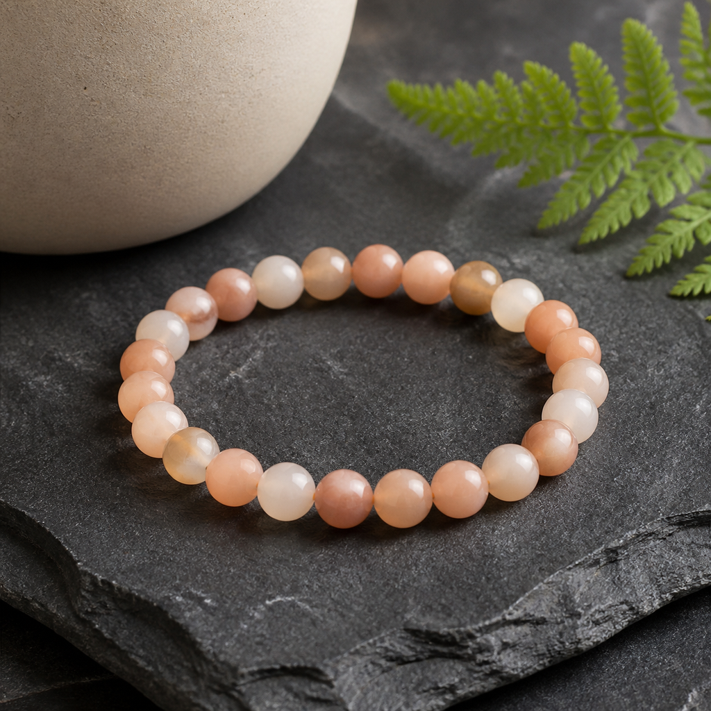 Bracelet en pierre de lune multicolore - Perles de 6 mm, présentation sur une surface sombre contrastée