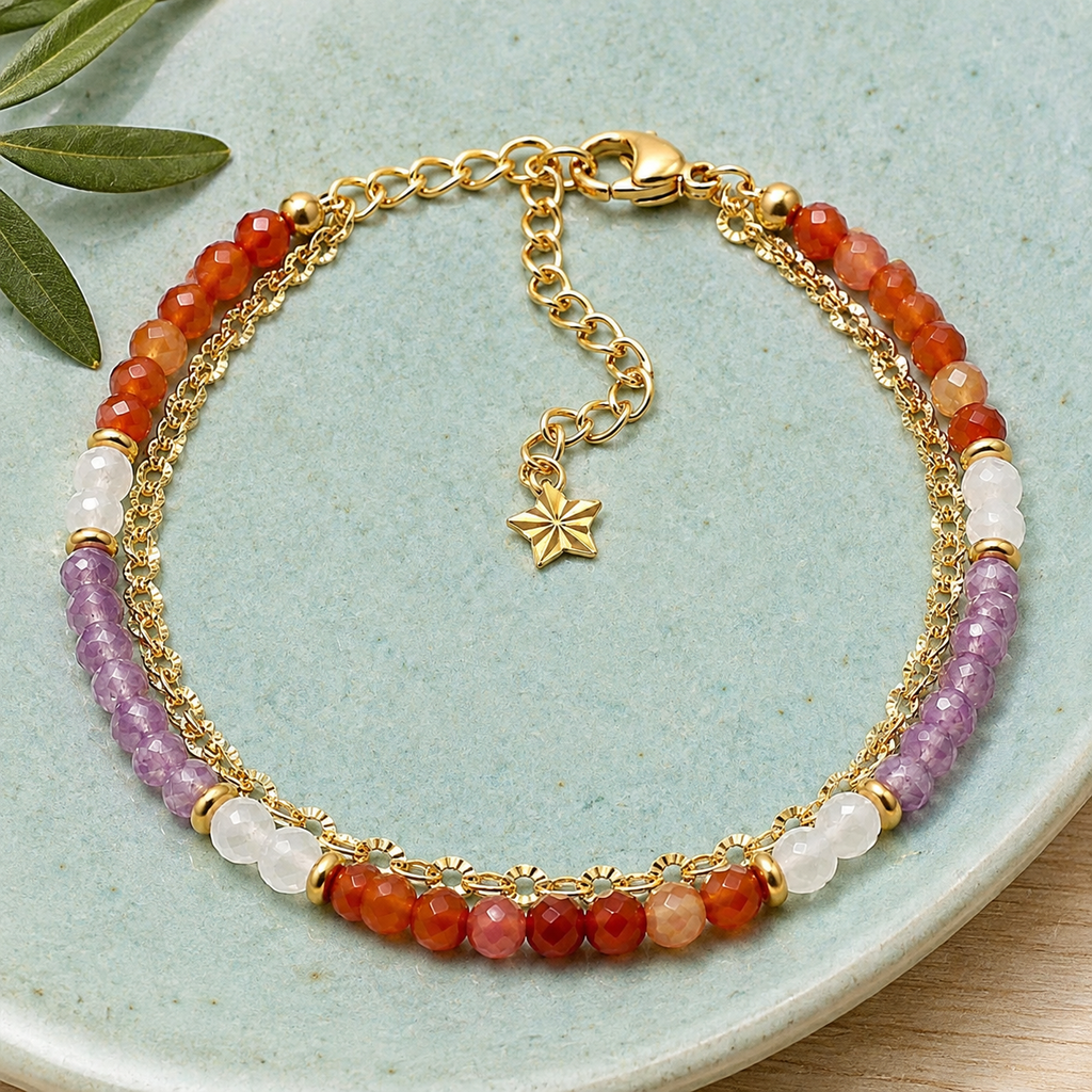 Bracelet doré en améthyste, cornaline et cristal de roche en nature morte près d’un feuillage