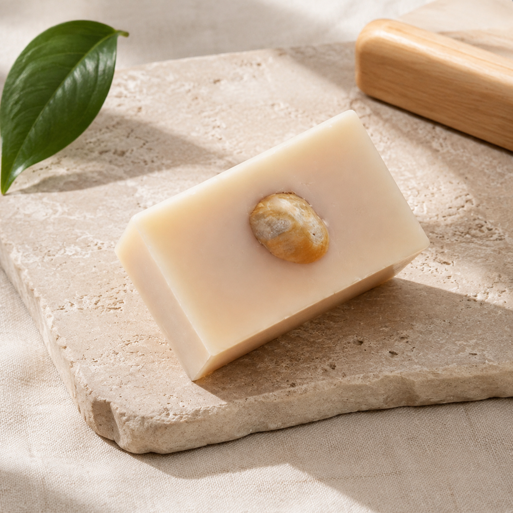 Savon au miel sur un support sombre près d’un élément végétal