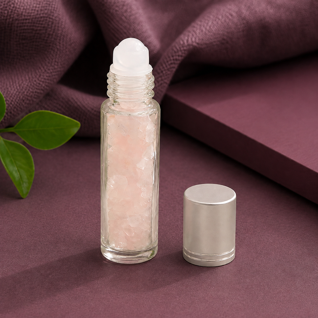 Flacon roll-on en quartz rose sur pierre prune près d’une feuille