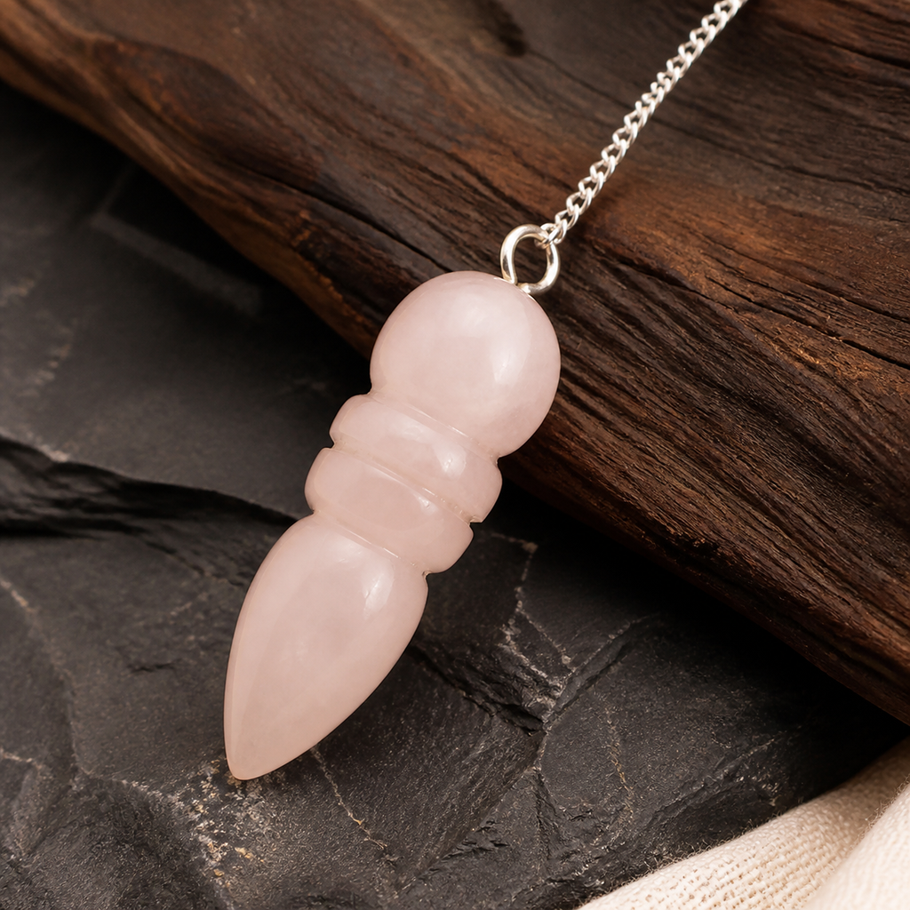 Pendule égyptien en quartz rose du Brésil, présentation sur une surface sombre contrastée