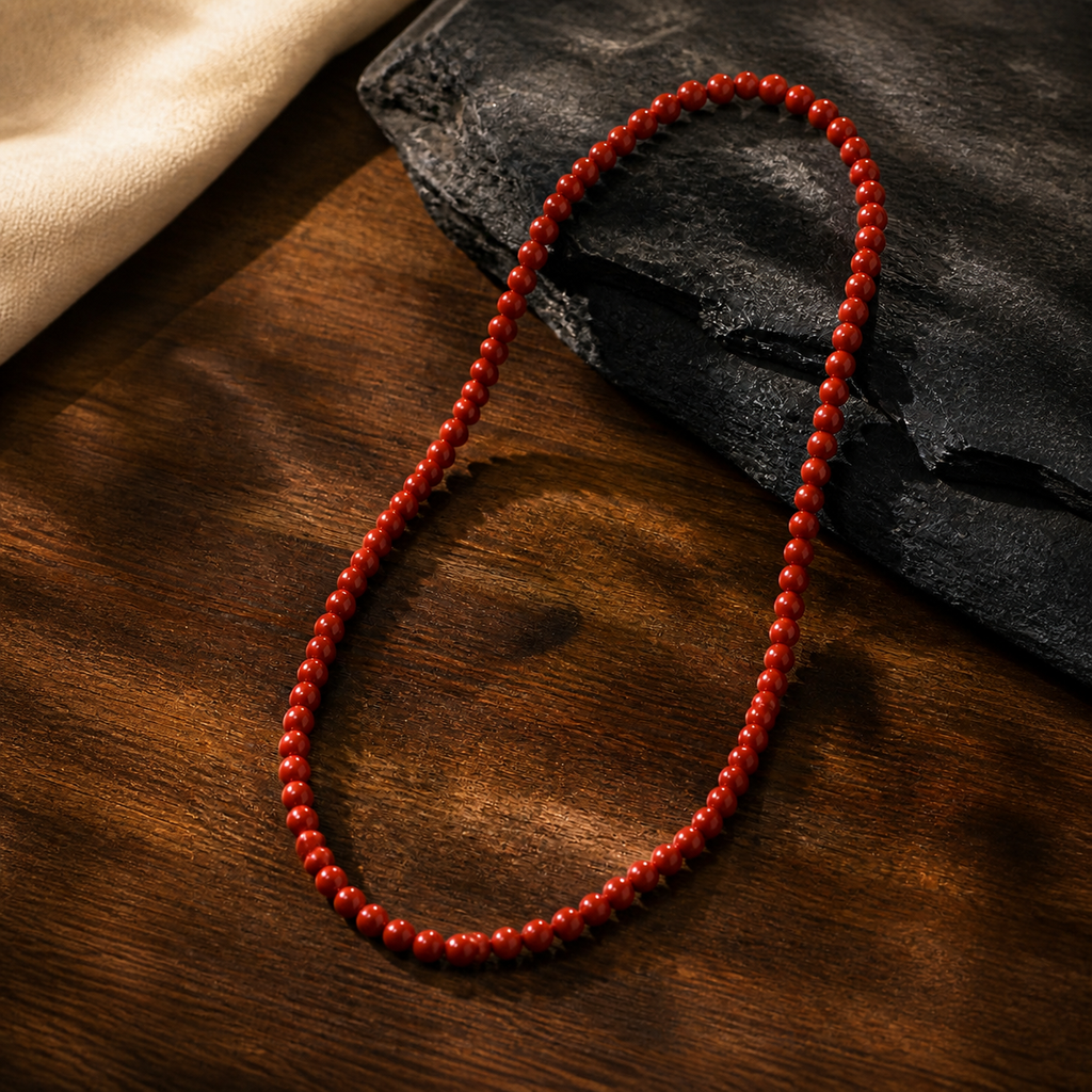 Collier en jaspe rouge 6 mm, 45 cm, présentation sur fond sombre