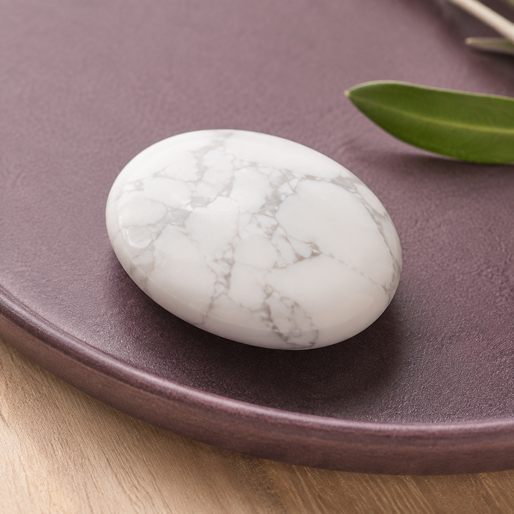Pierre roulée en howlite blanche - Galet de 45 mm en nature morte près d’un feuillage