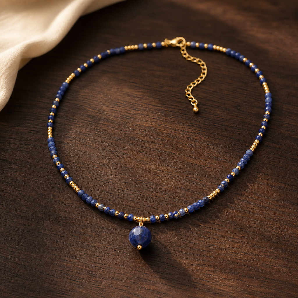 Collier doré en sodalite facettée - 38 à 43 cm, présentation sur une surface sombre contrastée