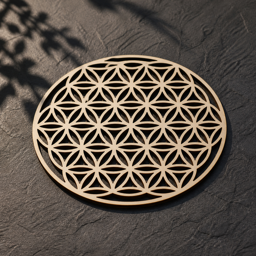 Plaque Fleur de Vie ajourée en bois - 10 cm, présentation sur une surface sombre contrastée
