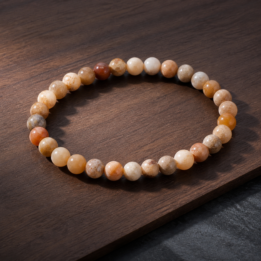 Bracelet en corail fossile 6 mm - 16 à 18 cm, présentation sur une surface sombre contrastée