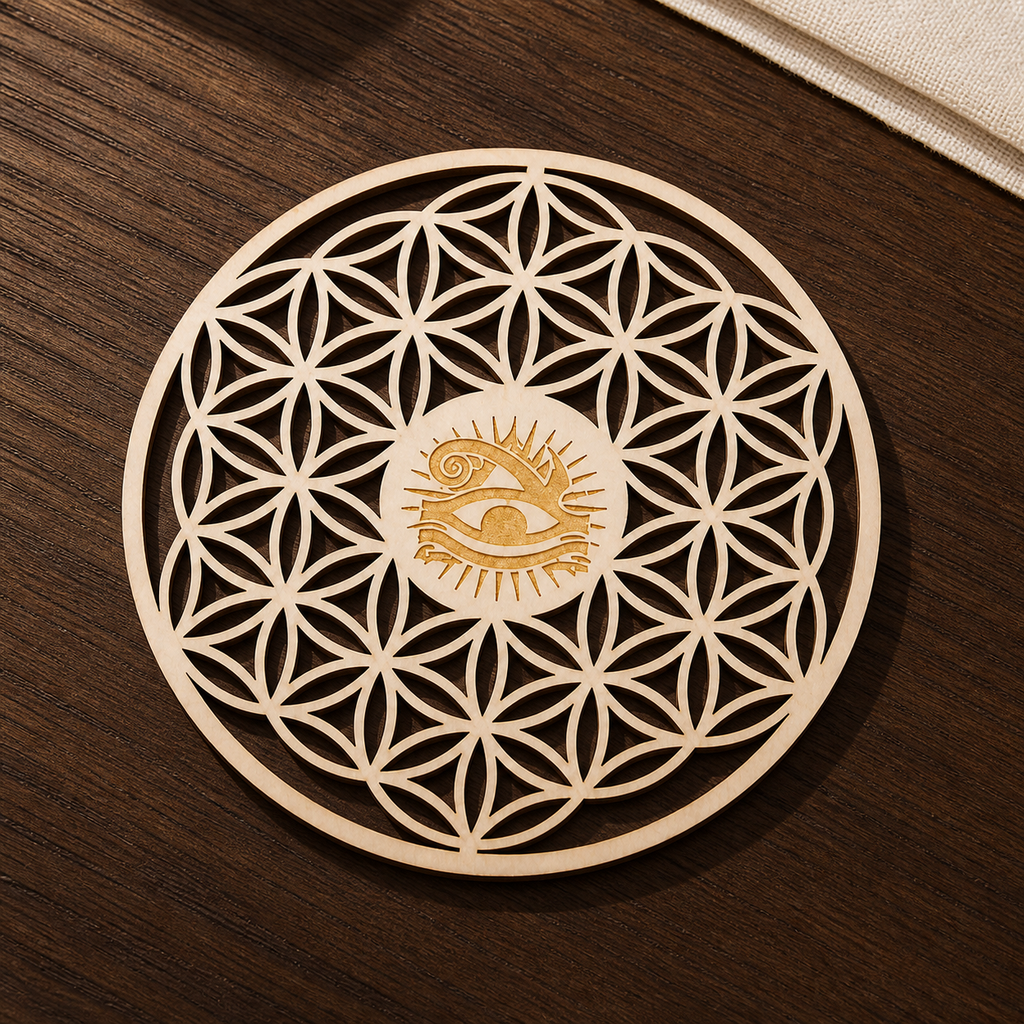 Plaque Fleur de Vie et Œil d'Horus en bois - 10 cm, présentation sur une surface sombre contrastée