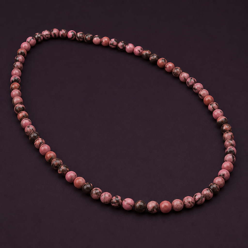 Collier en rhodonite de Madagascar 6 mm - 45 cm, présentation sur une surface sombre contrastée