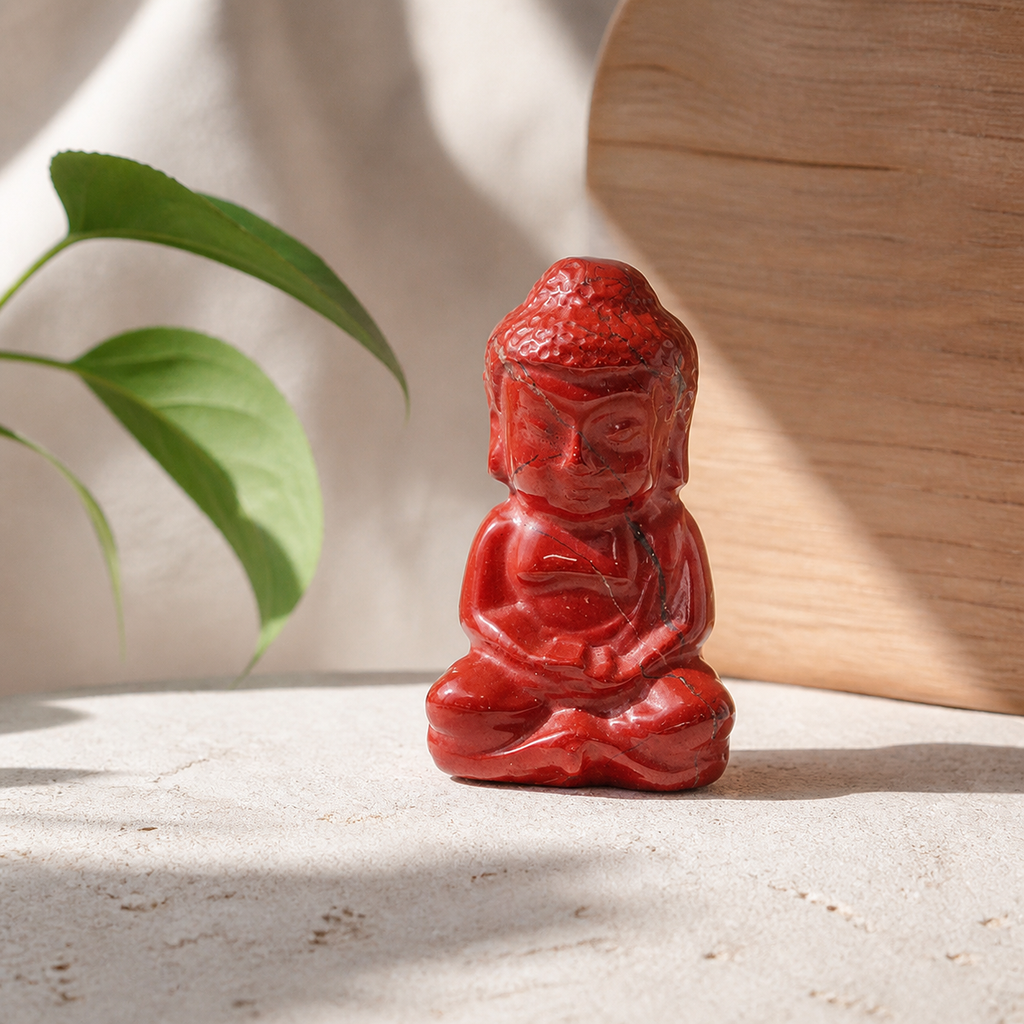 Figurine de Bouddha en jaspe rouge avec une touche végétale