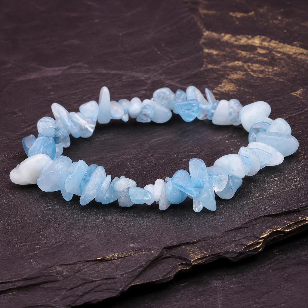 Bracelet baroque en aigue-marine du Brésil AA - 16 à 18 cm, présentation sur une surface sombre contrastée
