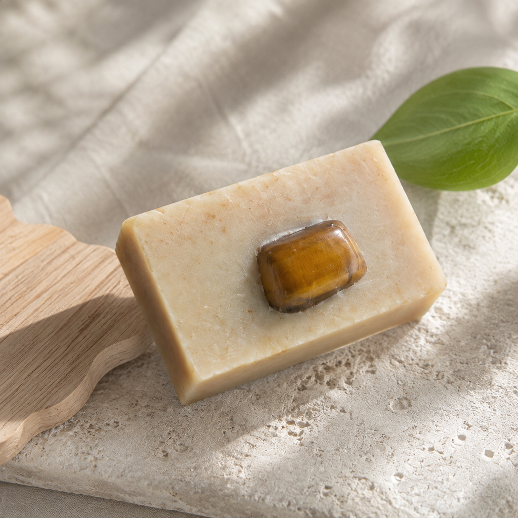 Savon verveine sur un support sombre près d’un élément végétal