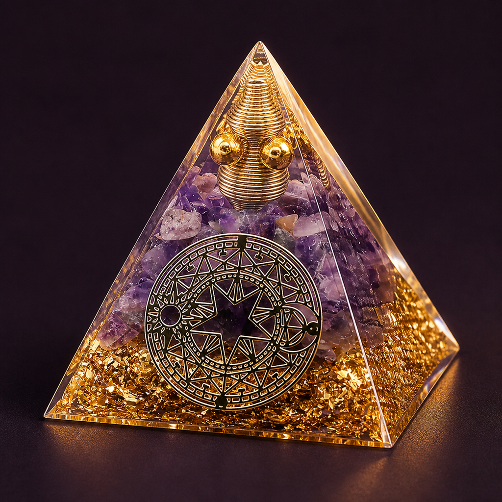 Orgonite pyramide Cercle magique en améthyste - 60 mm, présentation sur une surface sombre contrastée