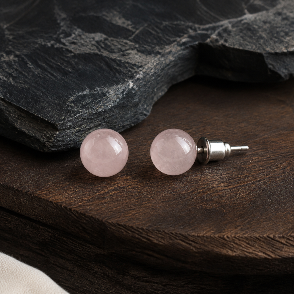 Boucles d'oreilles puces en quartz rose 8 mm, présentation sur une surface sombre contrastée
