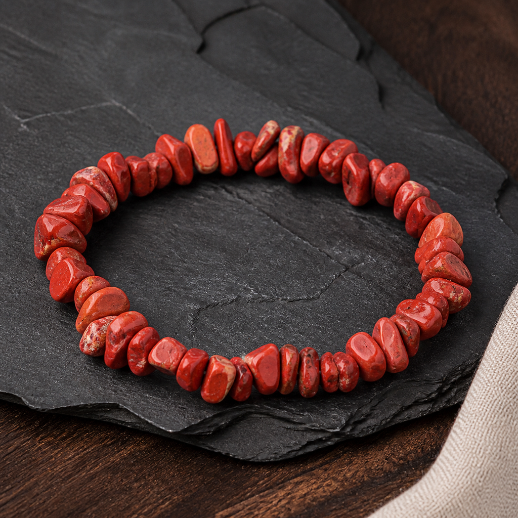 Bracelet baroque en jaspe rouge - 16 à 18 cm, présentation sur une surface sombre contrastée