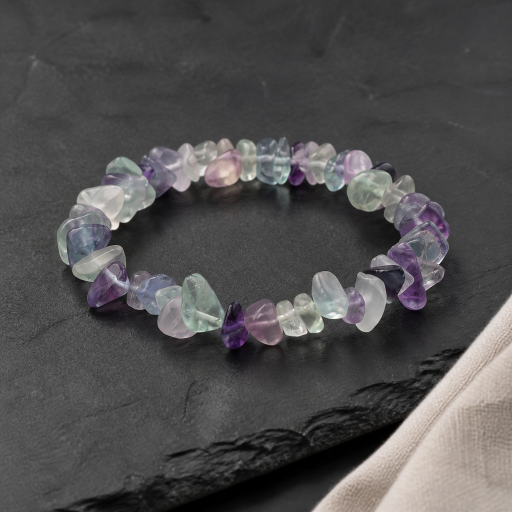 Bracelet baroque en fluorine multicolore - 16 à 18 cm, présentation complète sur fond sombre contrasté
