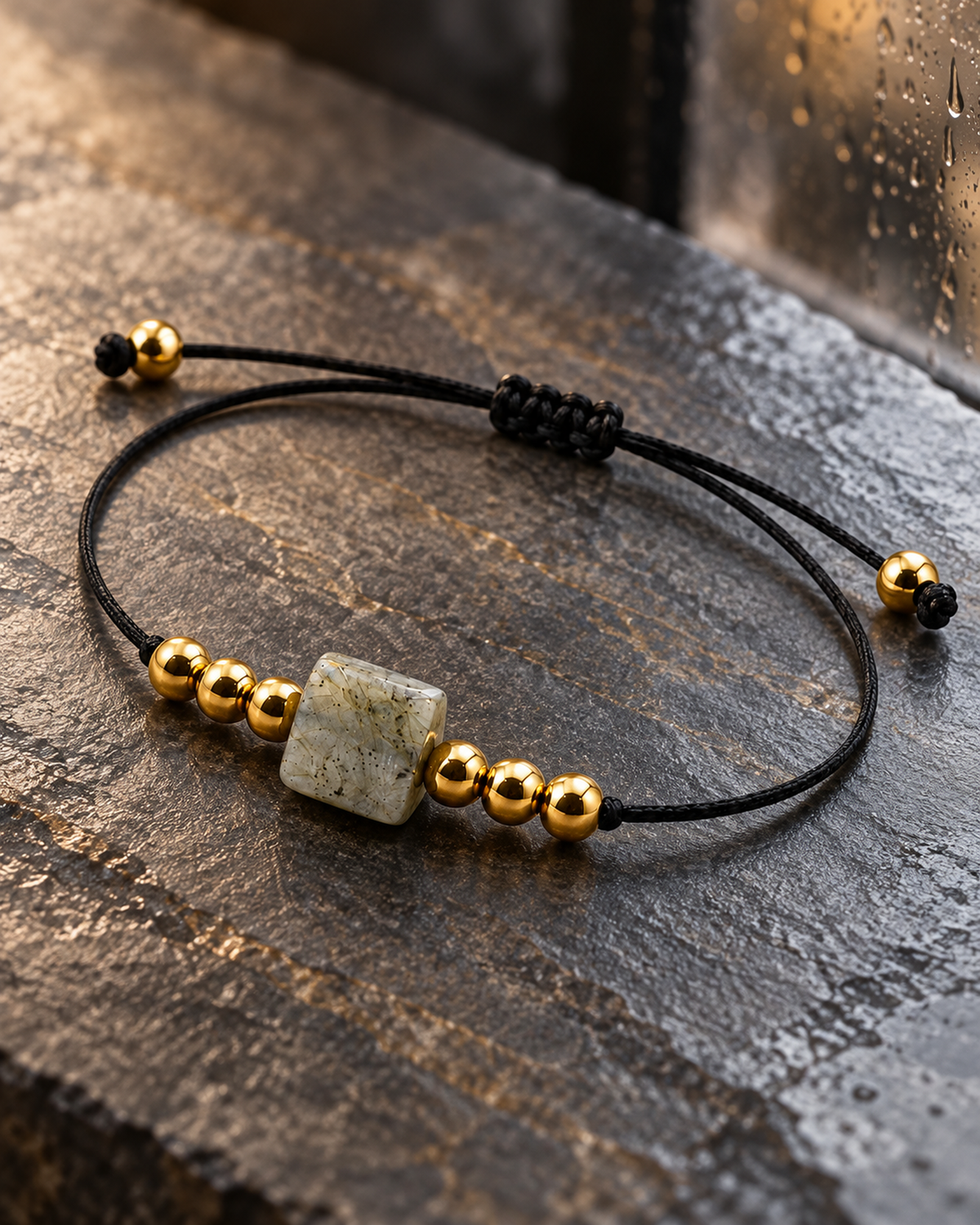 Bracelet doré en labradorite 8 mm, seconde vue complète en diagonale avec le réglage déployé