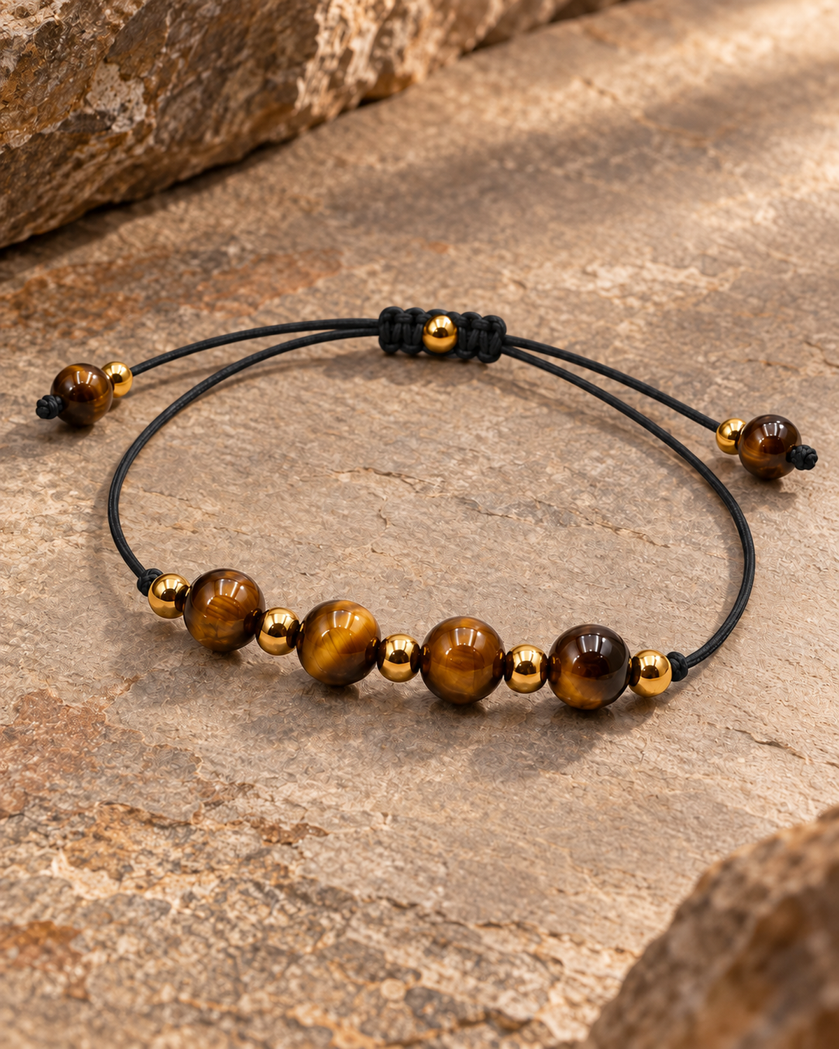 Bracelet doré en oeil de tigre 6 mm, seconde vue complète en diagonale avec le réglage déployé
