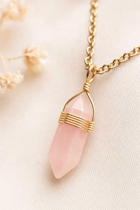 Collier quartz rose doré bohème