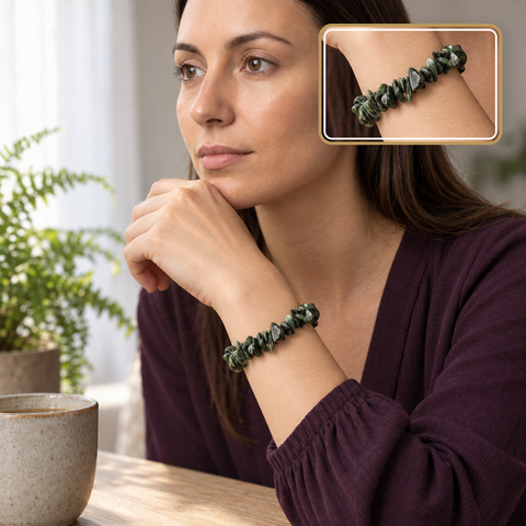 Bracelet baroque en séraphinite porté avec détail rapproché de la pierre