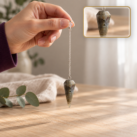 Pendule en labradorite suspendu avec détail rapproché de la pointe