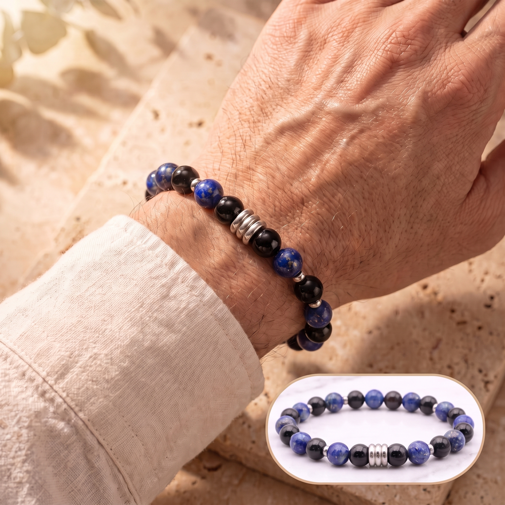 Bracelet lapis-lazuli et onyx porté au poignet avec encart rapproché de la même scène