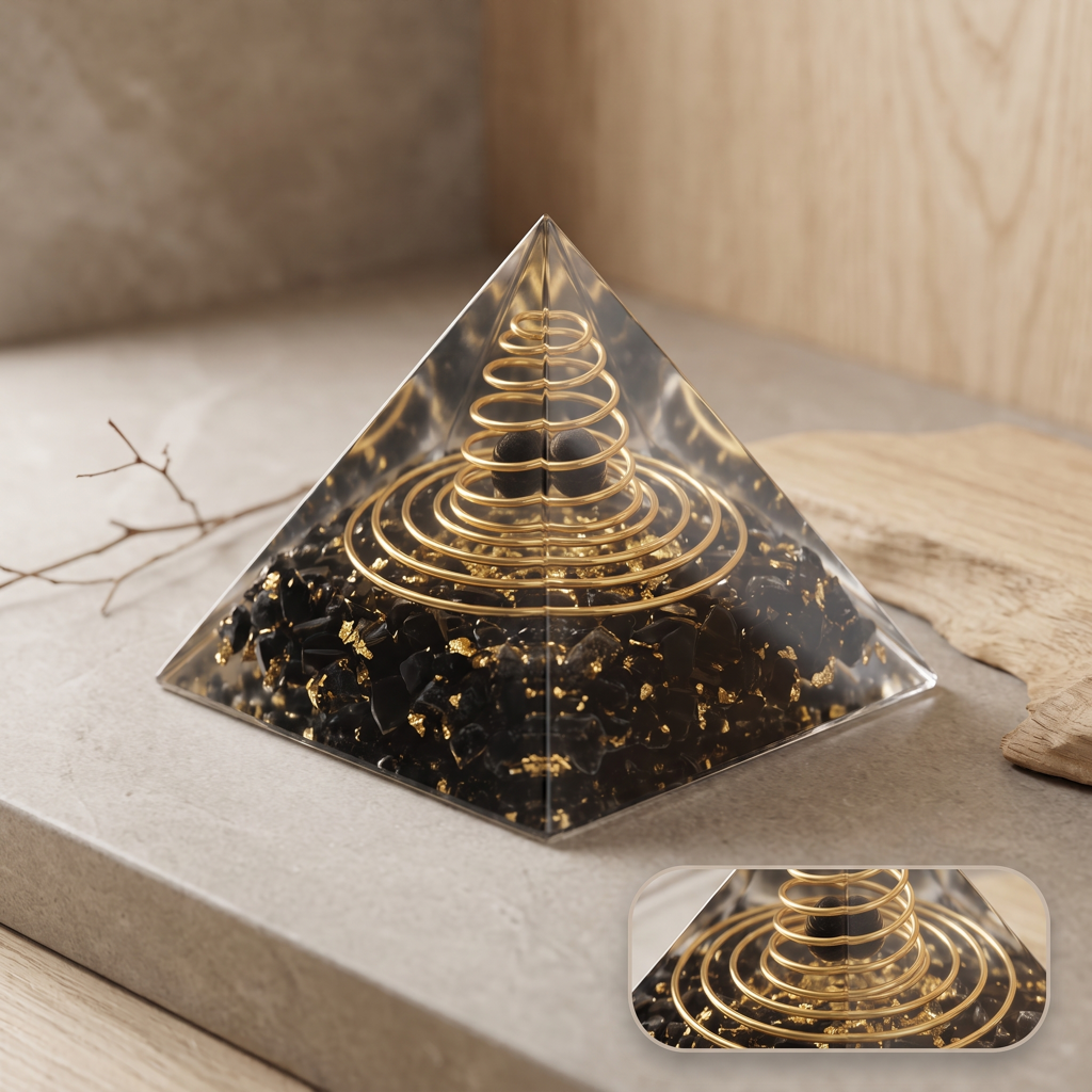 Orgonite noire et dorée dans une scène calme avec encart issu de la même image