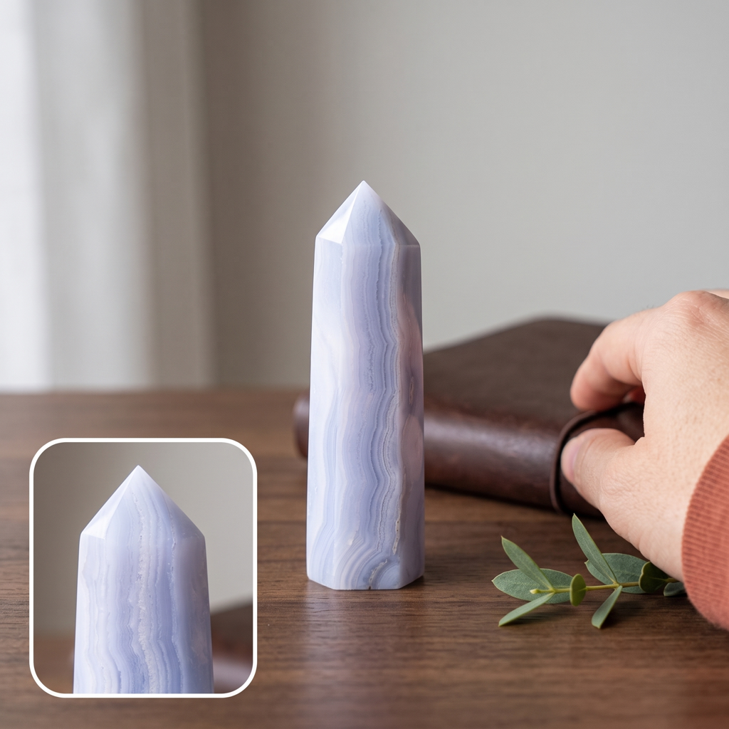Pointe minérale bleue sur un bureau calme avec détail agrandi de son sommet