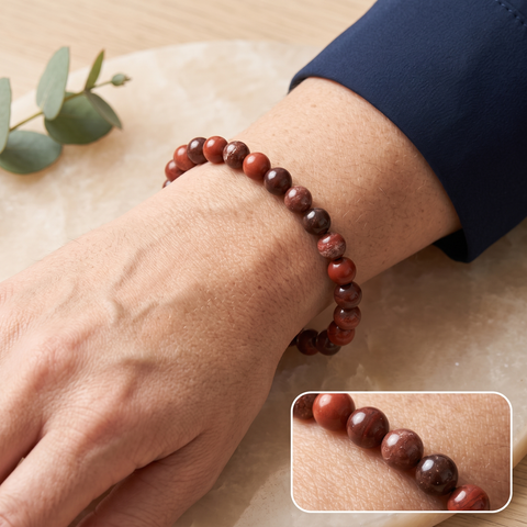 Bracelet d'aventurine rouge porté au poignet avec encart rapproché de la même scène