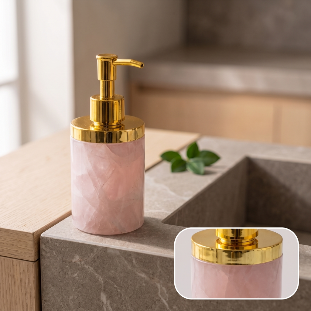 Pompe à savon en quartz rose dans une salle de bain avec encart de la même scène