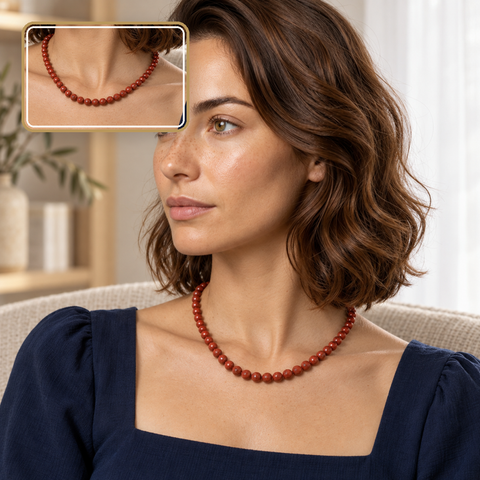 Collier en jaspe rouge porté avec détail rapproché des perles de 6 mm