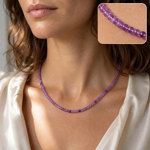 Collier en améthyste du Brésil 4 mm - 45 cm, mise en situation avec Chloé et macro intégrée