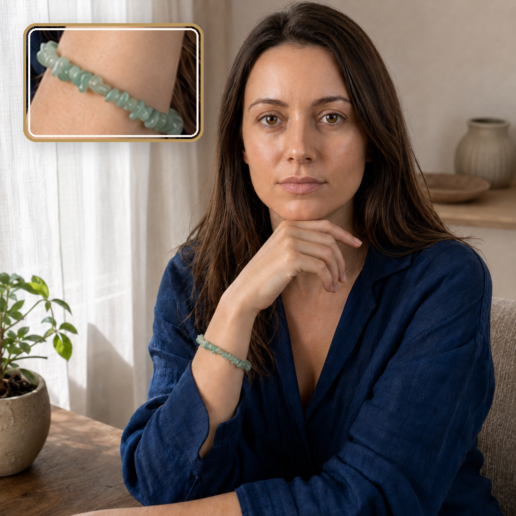 Bracelet en aventurine verte porté avec un haut bleu marine, détail en encart