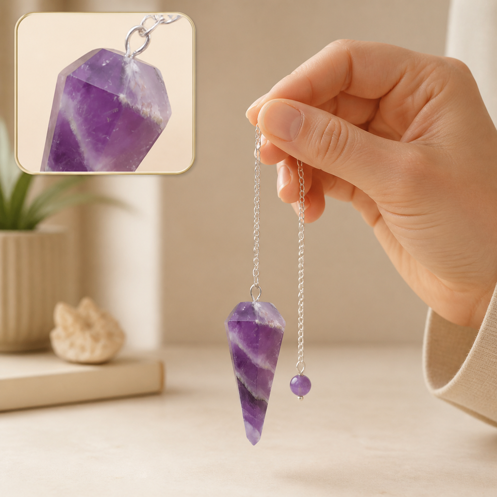 Pendule hexagonal en améthyste du Brésil en contexte calme avec détail intégré
