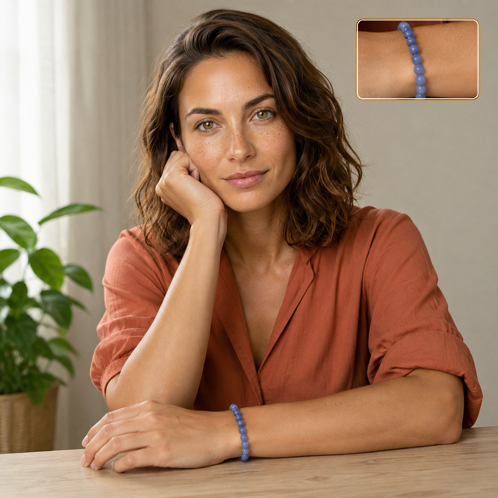 Bracelet en aventurine bleue - Perles de 6 mm porté en intérieur avec un détail agrandi