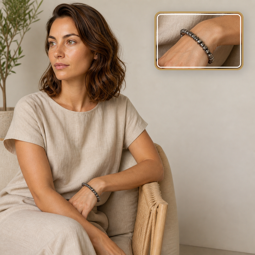 Bracelet baroque en hématite - 16 à 18 cm, porté dans une scène calme avec détail intégré