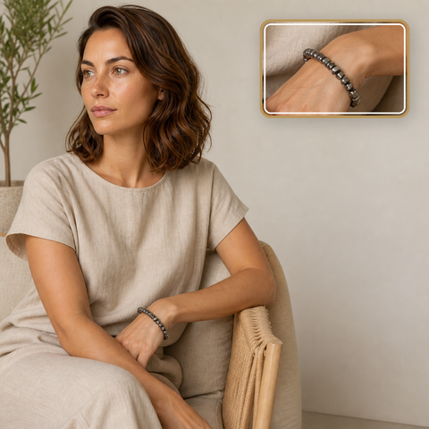Bracelet baroque en hématite - 16 à 18 cm, porté dans une scène calme avec détail intégré