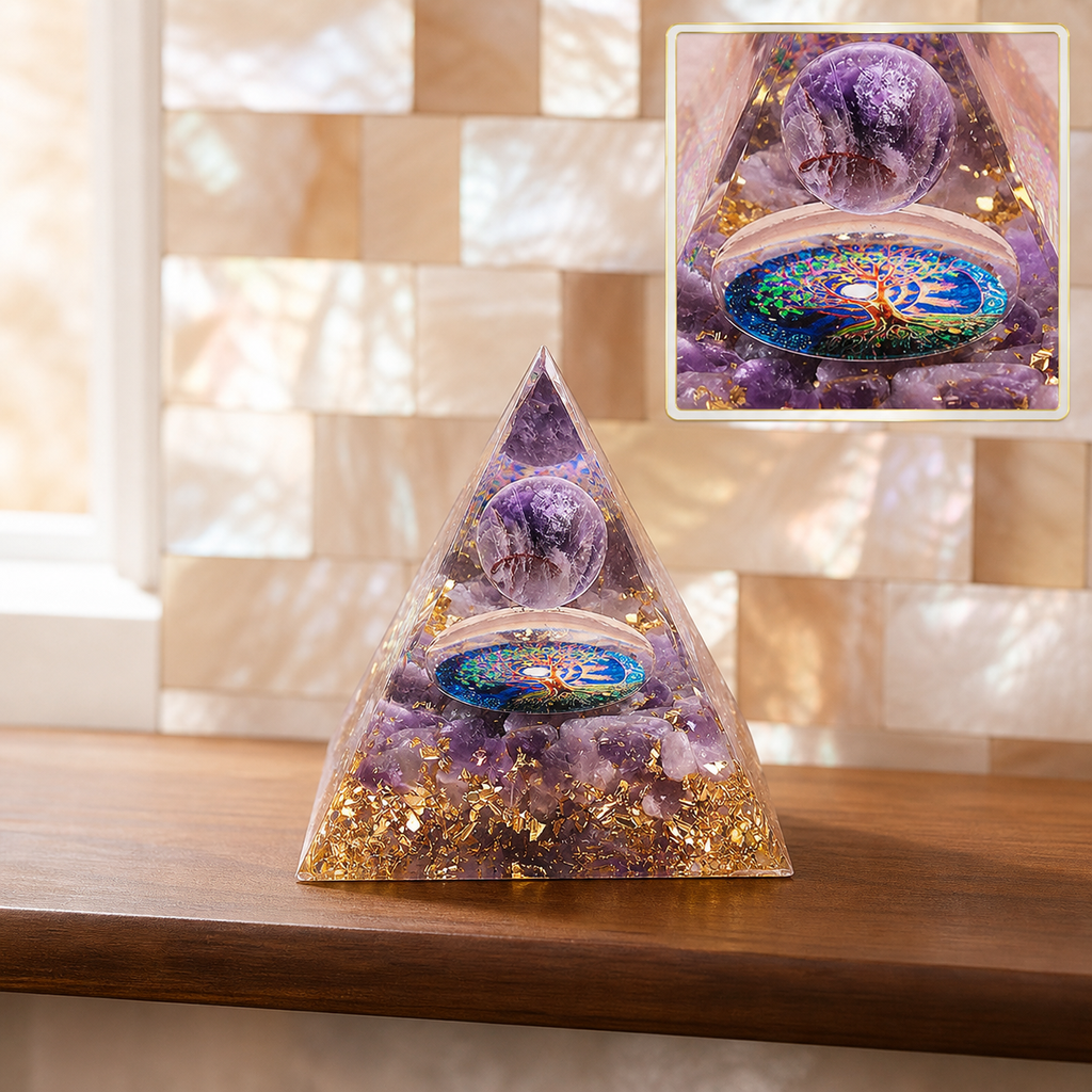 Orgonite pyramide Arbre de Vie en améthyste - 60 mm en contexte calme avec détail intégré